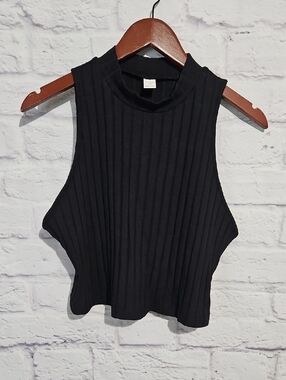 SHEIN Black Ribbed Sleeveless Mock Neck Crop Tank